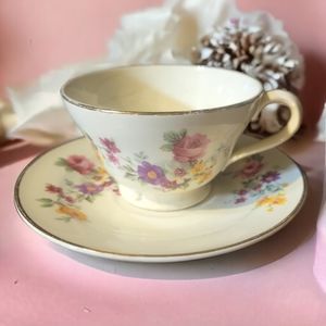1 Vtg Edwin Knowles Tea Coffee Cup & Saucer Plate Hand Painted Gold Trim Flowers